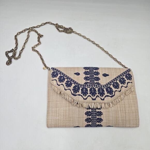 Stella & Dot Accessories - Stella & Dot Boho Raffia Blue Embroidered Clutch With Chain Purse Convertible